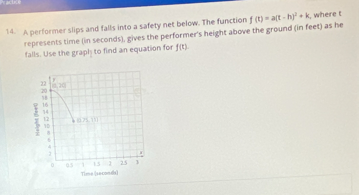 Practice
14. A performer slips and falls into a safety net below. The function f(t)=a(t-h)^2+k , where t
represents time (in seconds), gives the performer's height above the ground (in feet) as he
falls. Use the graph to find an equation for f(t).