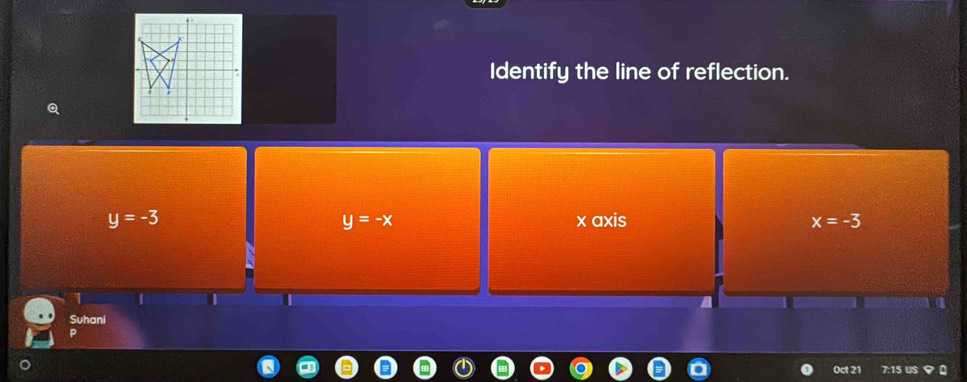 Identify the line of reflection. 
Q
y=-3 x axis x=-3
y=-x
I 
Suhani 
0ct 21 7:15 US