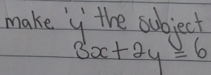 Solved: make y the subject 3x+2y=6 [Math]