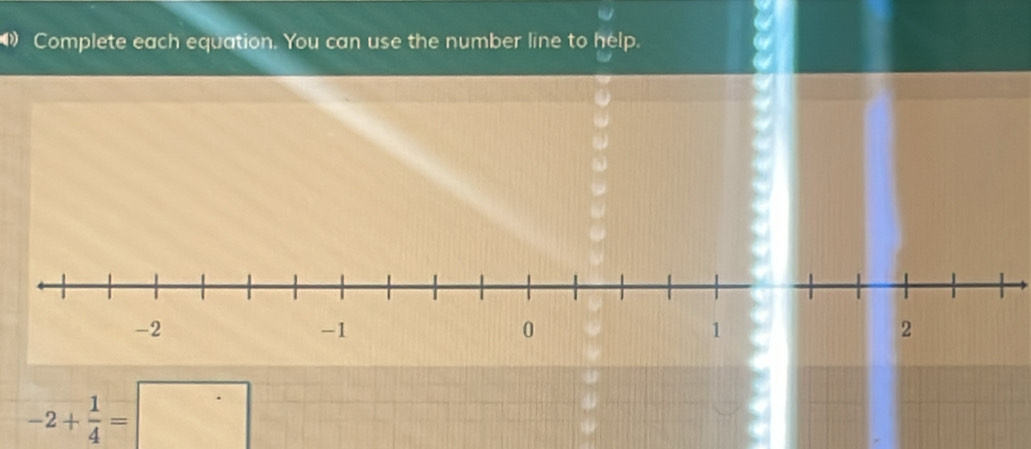 Complete each equation. You can use the number line to help.
-2+ 1/4 =□