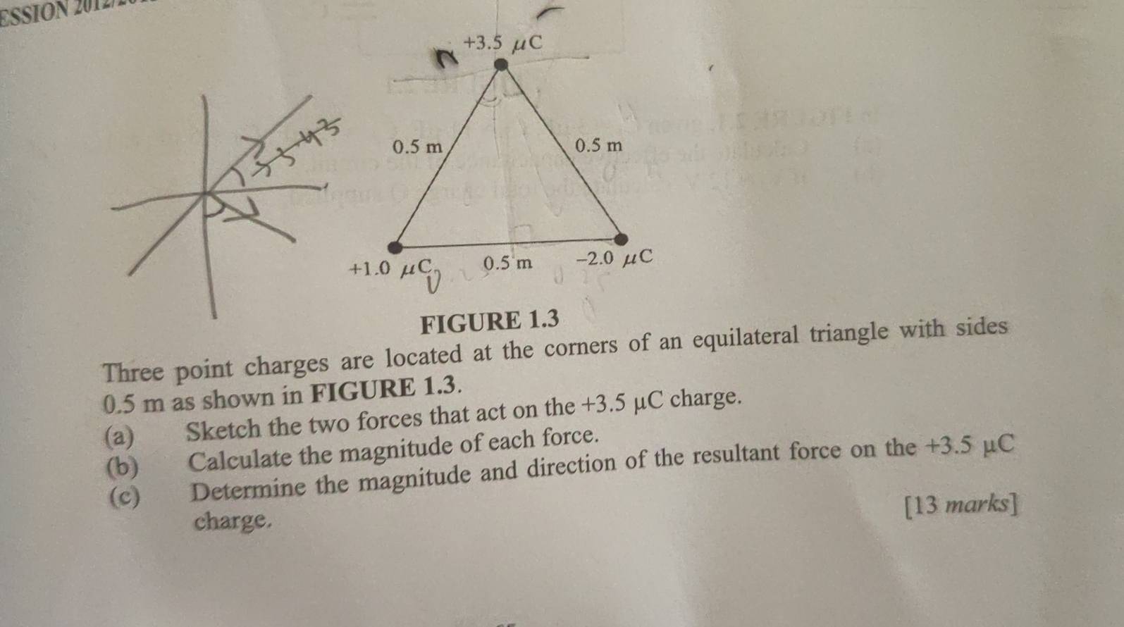 ESsión 20127 
FIGURE 1.3 
Three point charges are located at the corners of an equilateral triangle with sides
0.5 m as shown in FIGURE 1.3. 
(a) Sketch the two forces that act on the +3.5 μC charge. 
(b) Calculate the magnitude of each force. 
(c) Determine the magnitude and direction of the resultant force on the +3.5 μC
charge. [13 marks]