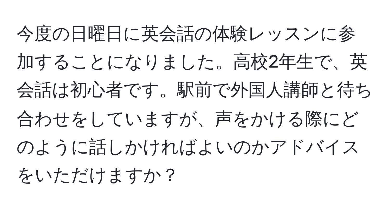 今度の日曜日に英会話の体験レッスンに参加することになりました。高校2年生で、英会話は初心者です。駅前で外国人講師と待ち合わせをしていますが、声をかける際にどのように話しかければよいのかアドバイスをいただけますか？