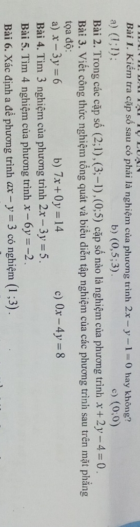 Kiểm tra cặp số sau có phải là nghiệm của phương trình 2x-y-1=0 hay không?
a) (1;1) b) (0,5;3). c) (0;0)
Bài 2. Trong các cặp số (2;1), (3;-1), (0;5) cặp số nào là nghiệm của phương trình x+2y-4=0. 
Bài 3. Viết công thức nghiệm tổng quát và biểu diễn tập nghiệm của các phương trình sau trên mặt phẳng
tọa độ:
a) x-3y=6 b) 7x+0y=14 c) 0x-4y=8
Bài 4. Tìm 3 nghiệm của phương trình 2x-3y=5. 
Bài 5. Tìm 4 nghiệm của phương trình x-6y=-2. 
Bài 6. Xác định a để phương trình ax-y=3 có nghiệm (1;3).