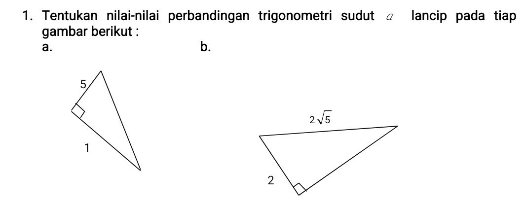 Tentukan nilai-nilai perbandingan trigonometri sudut π lancip pada tiap
gambar berikut :
a.
b.