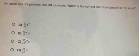 Solved: An atom has 23 protons and 28 neutrons. Which is the correct ...