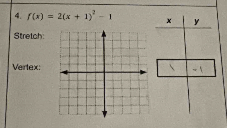 f(x)=2(x+1)^2-1
x y
Stretch: 
Vertex: