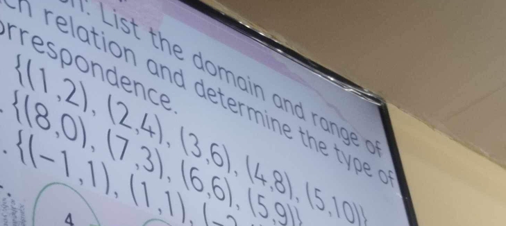 rrespondence 
i a ge 
i relation and determine the type .
 (1,2),(2,4),(3,6),(4,8),(5,10)
 (8,0),(7,3),(6,6),(5,9).  (-1,1),(1,1), 
4