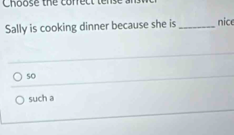 Choose the correct tens 
Sally is cooking dinner because she is _nice 
so 
such a