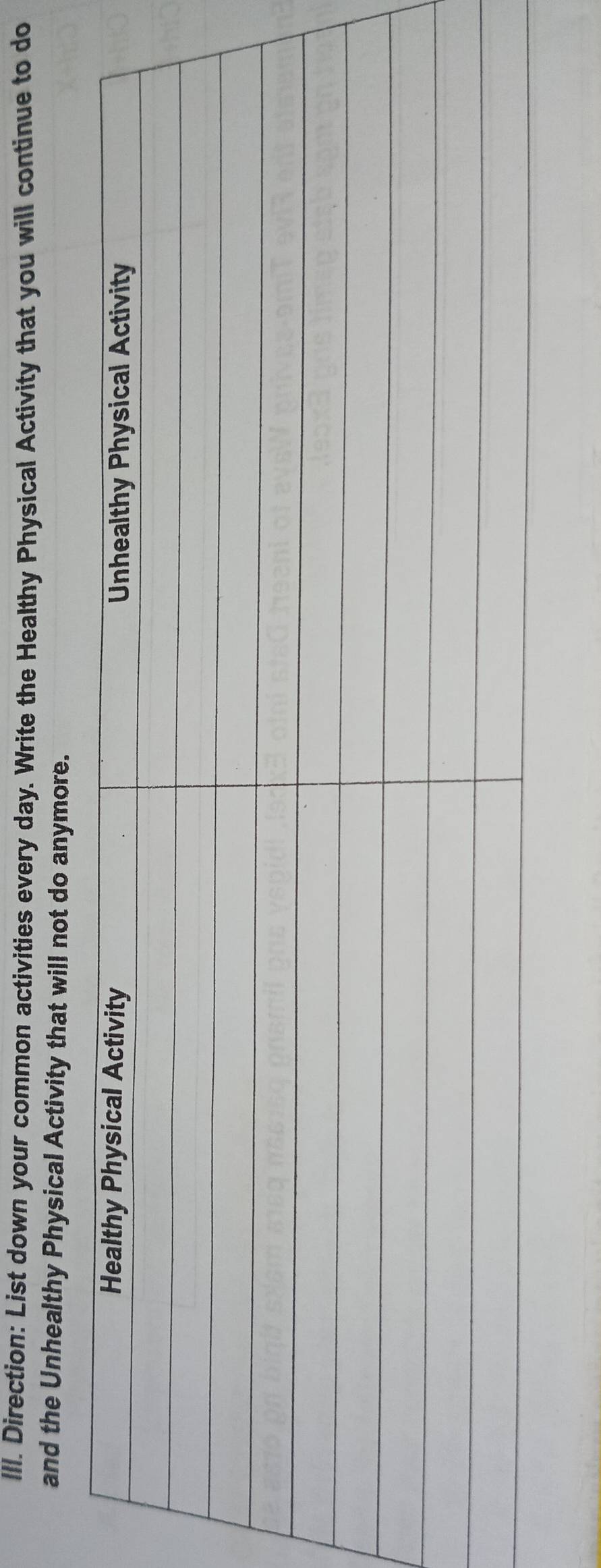 Direction: List down your common activities every day. Write the Healthy Physical Activity that you will continue to do 
and the Unhealthy Physical Activity that will not do anymore.