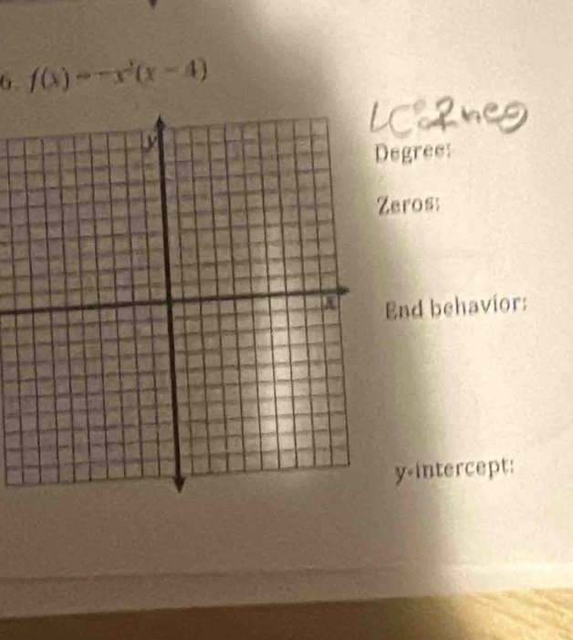 6 f(x)=-x^2(x-4)
egree: 
eros: 
End behavior: 
y-intercept: