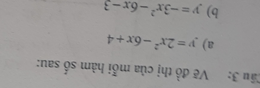 Vẽ đồ thị của mỗi hàm số sau:
a) y=2x^2-6x+4
b) y=-3x^2-6x-3