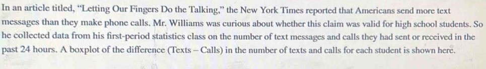 In an article titled, “Letting Our Fingers Do the Talking,” the New York Times reported that Americans send more text 
messages than they make phone calls. Mr. Williams was curious about whether this claim was valid for high school students. So 
he collected data from his first-period statistics class on the number of text messages and calls they had sent or received in the 
past 24 hours. A boxplot of the difference (Texts - Calls) in the number of texts and calls for each student is shown here.