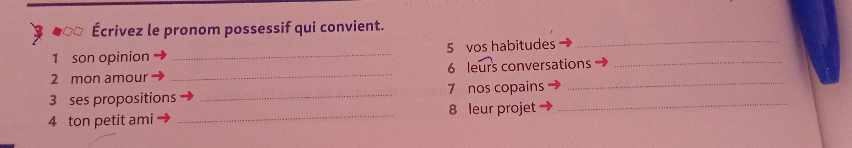 Écrivez le pronom possessif qui convient. 
1 son opinion _5 vos habitudes__ 
_ 
6 leurs conversations 
2 mon amour 
7 nos copains 
_ 
3 ses propositions 
_ 
4 ton petit ami _8 leur projet_