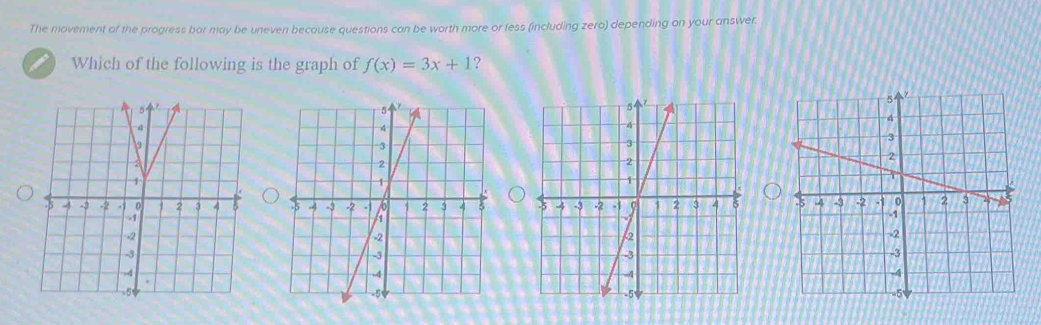 The movement of the progress bar may be uneven because questions can be worth more or fess (including zero) depending on your answer. 
Which of the following is the graph of f(x)=3x+1 ?