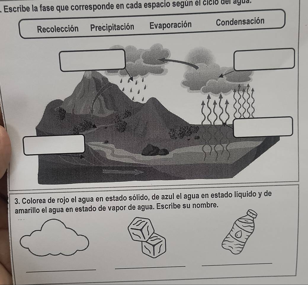 Escribe la fase que corresponde en cada espacio según el cicio del agua. 
3. Colorea de rojo el agua en estado sólido, de azul el agua en estado líquido y de 
amarillo el agua en estado de vapor de agua. Escribe su nombre. 
_ 
_ 
_