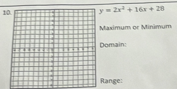 y=2x^2+16x+28
Maximum or Minìmum 
Domain: 
Range: