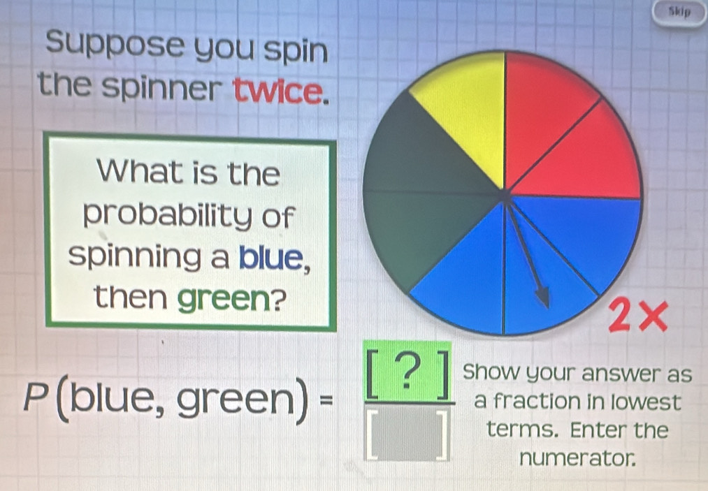 Skip 
Suppose you spin 
the spinner twice. 
What is the 
probability of 
spinning a blue, 
then green? 
2× 
Show your answer as
P(blue,green)= [?]/[]  a fraction in lowest 
terms. Enter the 
numerator