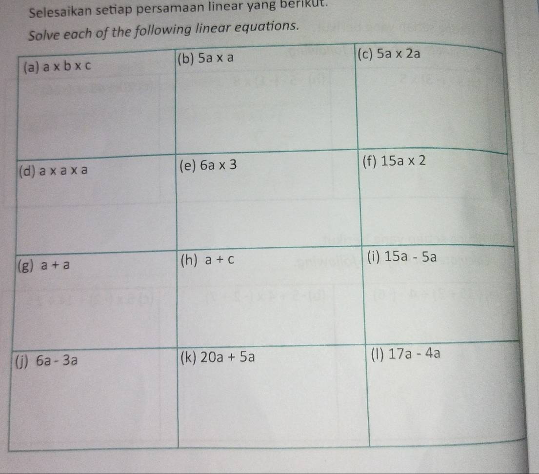 Selesaikan setiap persamaan linear yang berikut.
ar equations.
(
(
(j