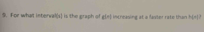 For what interval(s) is the graph of g(n) increasing at a faster rate than h(n) ?