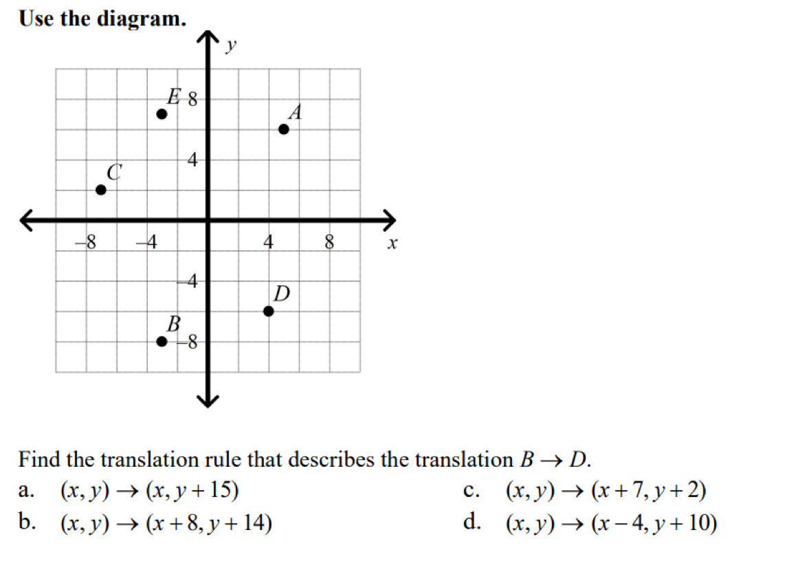 Use the diagram.
Find the translation rule that describes the translation Bto D.
a. (x,y)to (x,y+15) c. (x,y)to (x+7,y+2)
b. (x,y)to (x+8,y+14) d. (x,y)to (x-4,y+10)