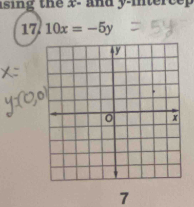 ising the x - and y -intercep 
17 10x=-5y
7