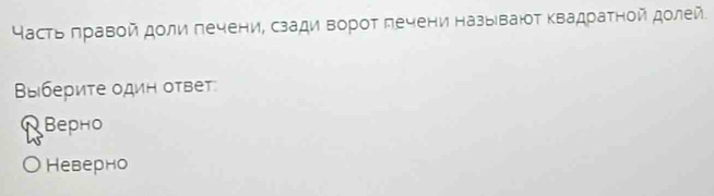 асть πравοй доли πечени, сзади Βорοτ πечени назыιваюοτ Κвадраτнοй долей.
Βыбериτе один оτвет
Bерно
Неверно