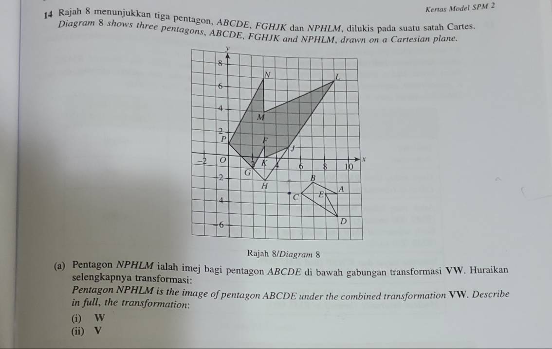 Kertas Model SPM 2 
14 Rajah 8 menunjukkan tiga pentagon, ABCDE, FGHJK dan NPHLM 、 dilukis pada suatu satah Cartes. 
Diagram 8 shows three pentagons, ABCDE, FGHJK and NPHLM, drawn on a Cartesian plane. 
Rajah 8/Diagram 8 
(a) Pentagon NPHLM ialah imej bagi pentagon ABCDE di bawah gabungan transformasi VW. Huraikan 
selengkapnya transformasi: 
Pentagon NPHLM is the image of pentagon ABCDE under the combined transformation VW. Describe 
in full, the transformation: 
(i) W
(ii) V