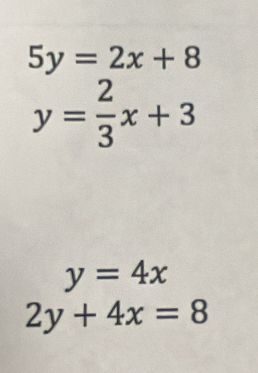 5y=2x+8
y= 2/3 x+3
y=4x
2y+4x=8