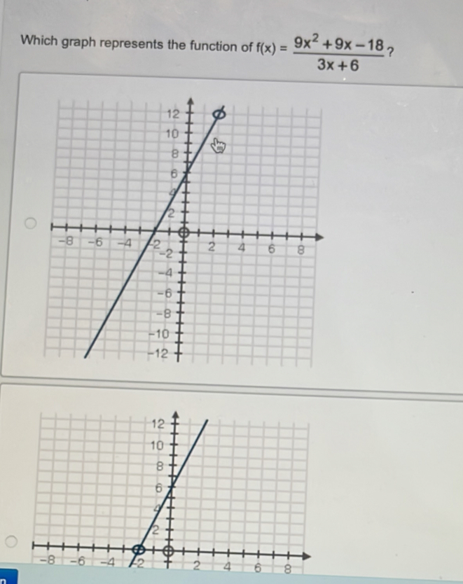 Which graph represents the function of f(x)= (9x^2+9x-18)/3x+6  ?