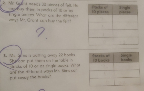 Mr. Grant needs 30 pieces of felt. He 
can buy them in packs of 10 or as 
single pieces. What are the different 
ways Mr. Grant can buy the felt? 
I. 
3. Ms. Sims is putting away 22 books. 
She can put them on the table in 
stacks of 10 or as single books. What 
are the different ways Ms. Sims can 
put away the books?