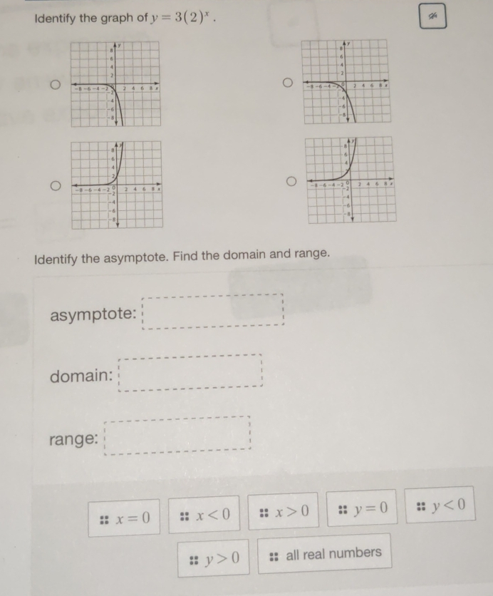 Identify the graph of y=3(2)^x. ^ 

Identify the asymptote. Find the domain and range.
asymptote: □ 
domain: □ 
range: □
x=0 x<0</tex> x>0 y=0 y<0</tex>
y>0 all real numbers