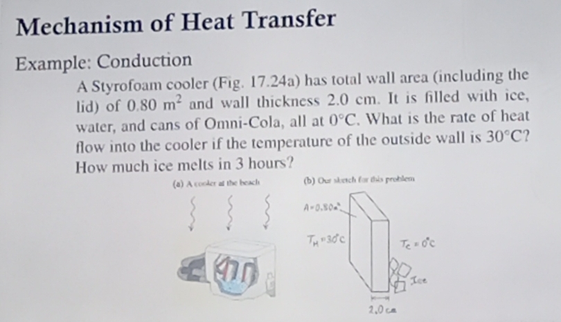 Mechanism of Heat Transfer 
Example: Conduction 
A Styrofoam cooler (Fig. 17.24a) has total wall area (including the 
lid) of 0.80m^2 and wall thickness 2.0 cm. It is filled with ice, 
water, and cans of Omni-Cola, all at 0°C. What is the rate of heat 
flow into the cooler if the temperature of the outside wall is 30°C 2 
How much ice melts in 3 hours? 
(8) A cooler at the beach (b) Our sketch for this problem 
r