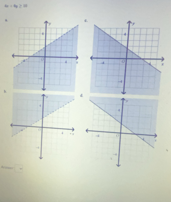 4x+6y≥ 10
a. 
c 
b. 
d 
Ans we □ v