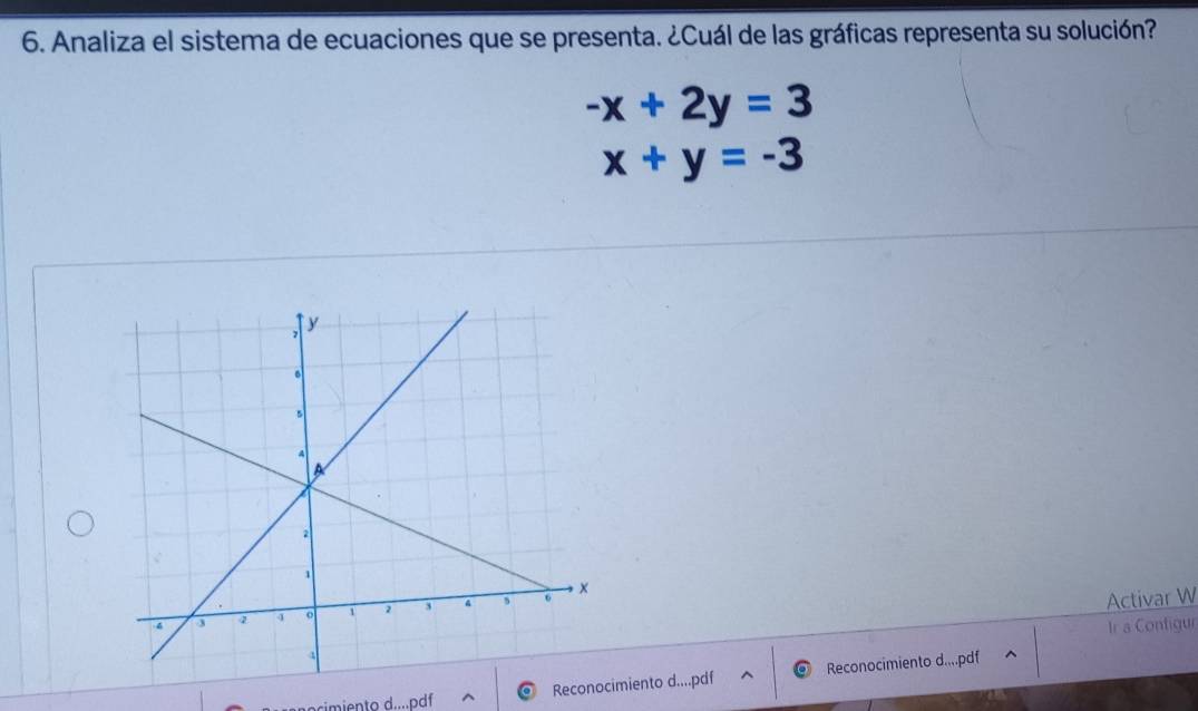 Analiza el sistema de ecuaciones que se presenta. ¿Cuál de las gráficas representa su solución?
-x+2y=3
x+y=-3
Activar W
Ir a Configur
Recmiento d....pdf Reconocimiento d....pdf