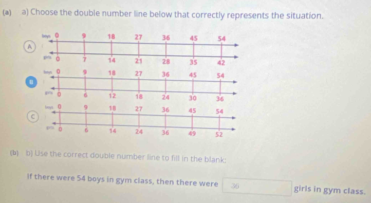 Choose the double number line below that correctly represents the situation. 
A 
(b) b) Use the correct double number line to fill in the blank: 
If there were 54 boys in gym class, then there were 36 girls in gym class.