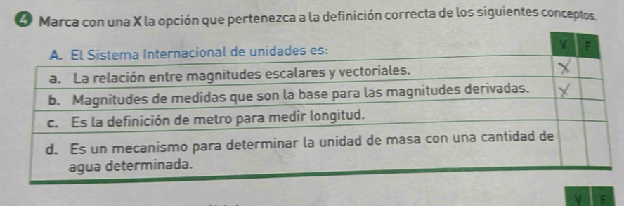 Marca con una X la opción que pertenezca a la definición correcta de los siguientes conceptos.
V F