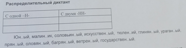 Ρаспределительный диктант 
НОн..ый, малин..ик, соловьин..ый, иску..ий, глинян..ый, ураган..ый, 
лрян..ый, оловян..ый, багрян..ый, ветрен..ый, государствен..ый.