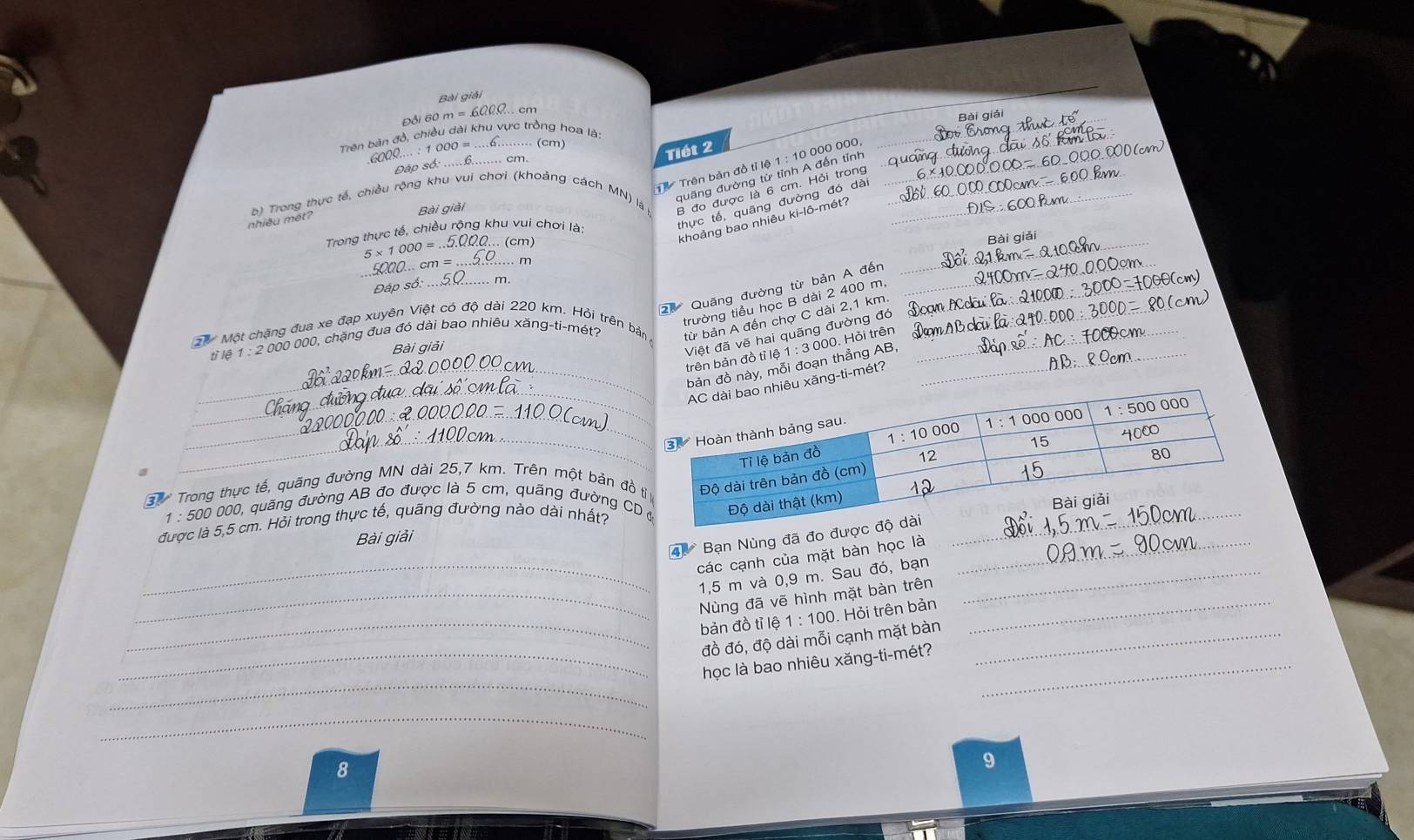 Bài giải
160m=6000
Bài giải
Trên bản đồ, chiều dài khu vực trồng hoa là:
(cm)
6000...:1000=. cm.
Tiết 2
T  Trên bản đồ tỉ lệ 1 : 10 000 000_
_
Đấp so.
b) Trong thực tế, chiều rộng khu vui chơi (khoảng cách MN) là
quâng đường từ tỉnh A đến tỉnh_
Bài giải
B đo được là 6 cm. Hỏi trong
mhiệu mét?
thực tế, quãng đường đó dài_
khoảng bao nhiêu ki-lô-mét?
_
Trong thực tế, chiều rộng khu vui chơi là:
5* 1000=.. (cm)
5000..cm
_
_
Đáp số:_
. m
_
_
2.Quãng đường từ bản A đến_
trường tiểu học B dài 2 400 m,
T Một chặng đua xe đạp xuyên Việt có độ dài 220 km. Hỏi trên bản từ bản A đến chợ C dài 2,1 km.___
00, chặng đua đó dài bao nhiêu xăng-ti-mét?
trên bản đồ tỉ lệ 1 : 3 000. Hỏi trên
tì lē 1:200000 Bài giải
Việt đã vẽ hai quãng đường đó
_
này, mỗi đoạn thẳng AB,_
_
_g-ti-mét?
_
_
_
_
Từ Trong thực tế, quãng đường MN dài 25,7 km. Trên một bản đồ tì
1 : 500 000, quãng đường AB đo được là 5 cm, quãng đường CD 
được là 5,5 cm. Hỏi trong thực tế, quãng đường nào dài nhất?
4  Bạn Nùng đã đo được_
Bài giải
các cạnh của mặt bàn học là
_1,5 m và 0,9 m. Sau đó, bạn_
_Nùng đã vẽ hình mặt bàn trên
_bản đồ tỉ lệ 1:100 Hỏi trên bản_
đồ đó, độ dài mỗi cạnh mặt bàn_
_
_học là bao nhiêu xăng-ti-mét?_
_
8
9