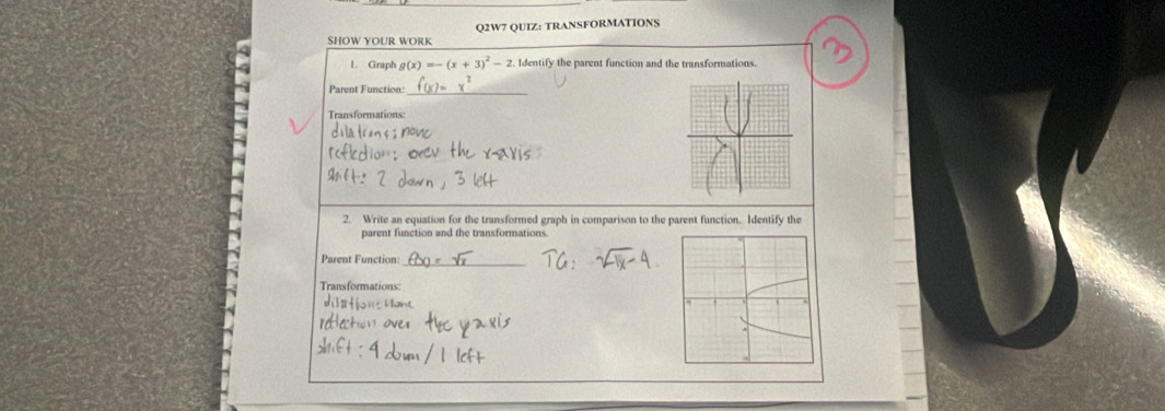 SHOW YOUR WORK Q2W7 QUIZ: TRANSFORMATIONS 
1. Graph g(x)=-(x+3)^2-2 Identify the parent function and the transformations. 
Parent Function:_ 
Transformations: 
2. Write an equation for the transformed graph in comparison to the parent function. Identify the 
parent function and the transformations 
Parent Function: 
_ 
Transformations: