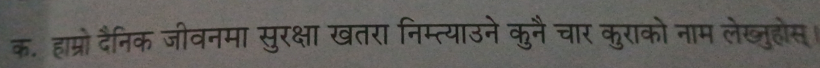 क. हाम्रो दैनिक जीवनमा सुरक्षा खतरा निम्त्याउने कुनै चार कुराको नाम लेख्जुहोस।