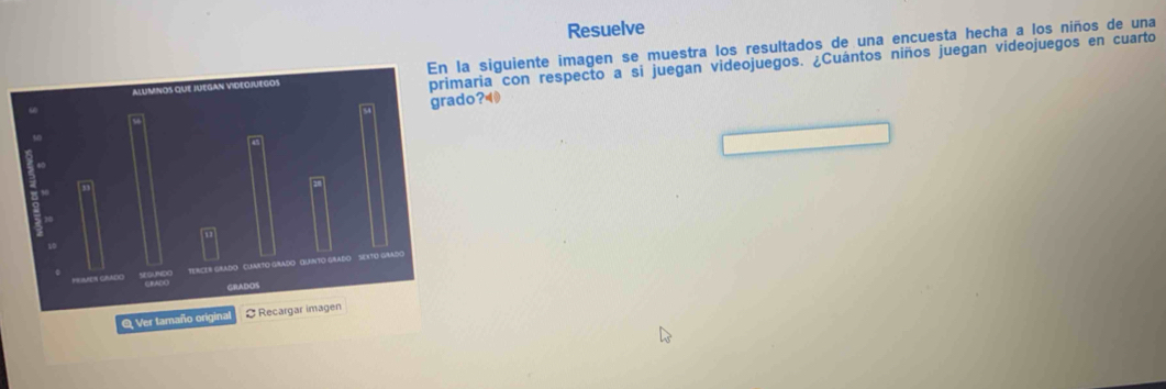 Resuelve 
a siguiente imagen se muestra los resultados de una encuesta hecha a los niños de una 
aria con respecto a si juegan videojuegos. ¿Cuántos niños juegan videojuegos en cuarto 
o?◀