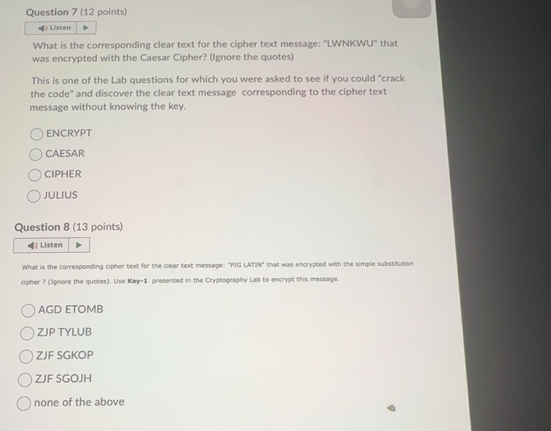 Solved: Listen What is the corresponding clear text for the cipher text ...