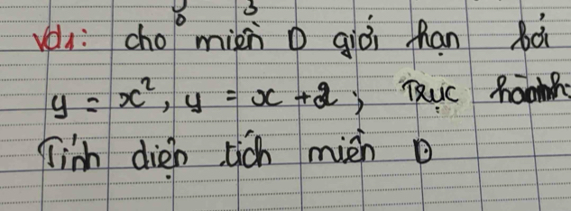 vr: c 60° mién ① giòi fhan bà
y=x^2, y=x+2 )TRuc harig 
Jinh dien tich miàn