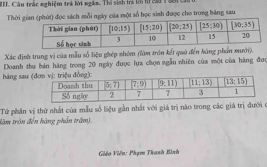 Cầu trắc nghiệm trả lời ngăn. Thí sinh trả lời tư cầu 1 đến cầu ở.
Thời út) đọc sách mỗi ngày của một số học sinh được cho trong bảng sau
Xác định trung vị của mẫu số liệu ghép nhóm (làm tròn kết quả đến hàng phần .
Doanh thu bán hàng trong 20 ngày được lựa chọn ngẫu nhiên của một của hàng đượ
bảng sau (
Tứ phân vị thứ nhất của mẫu số liệu gần nhất với giá trị nào trong các giá trị dưới ở
làm tròn đến hàng phần trăm).
Giáo Viên: Phạm Thanh Bình