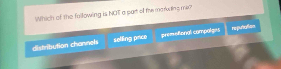 Which of the following is NOT a part of the marketing mix?
distribution channels selling price promotional campaigns reputation