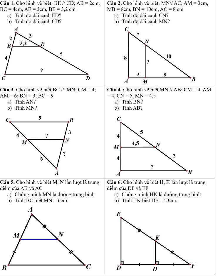 Cho hình vẽ biết: BE//CD; AB=2cm, Câu 2. Cho hình vẽ biết: MNparallel AC; AM=3cm,
BC=4cm, AE=3cm, BE=3, 2cm
MB=8cm, BN=10cm, AC=8cm
a) Tính độ dài cạnh ED? a) Tính độ dài cạnh CN?
b) Tính độ dài cạnh CD? b) Tính độ dài cạnh MN?
Câu 3. Cho hình vẽ biết BC//MN; CM=4; Câu 4. Cho hình vẽ biết MN//AB; CM=4, A M
AM=6; BN=3; BC=9
=4, CN=5, MN=4,5
a) Tính AN? a) Tính BN?
b) Tính MN? b) Tính AB?

Câu 5. Cho hình vẽ biết M, N lần lượt là trung Câu 6. Cho hình vẽ biết H, K lần lượt là trung
điểm của AB và AC điểm của DF và EF
a) Chứng minh MN là đường trung bình a) Chứng minh HK là đường trung bình
b) Tính BC biết MN=6cm. b) Tính HK biết DE=23cm.