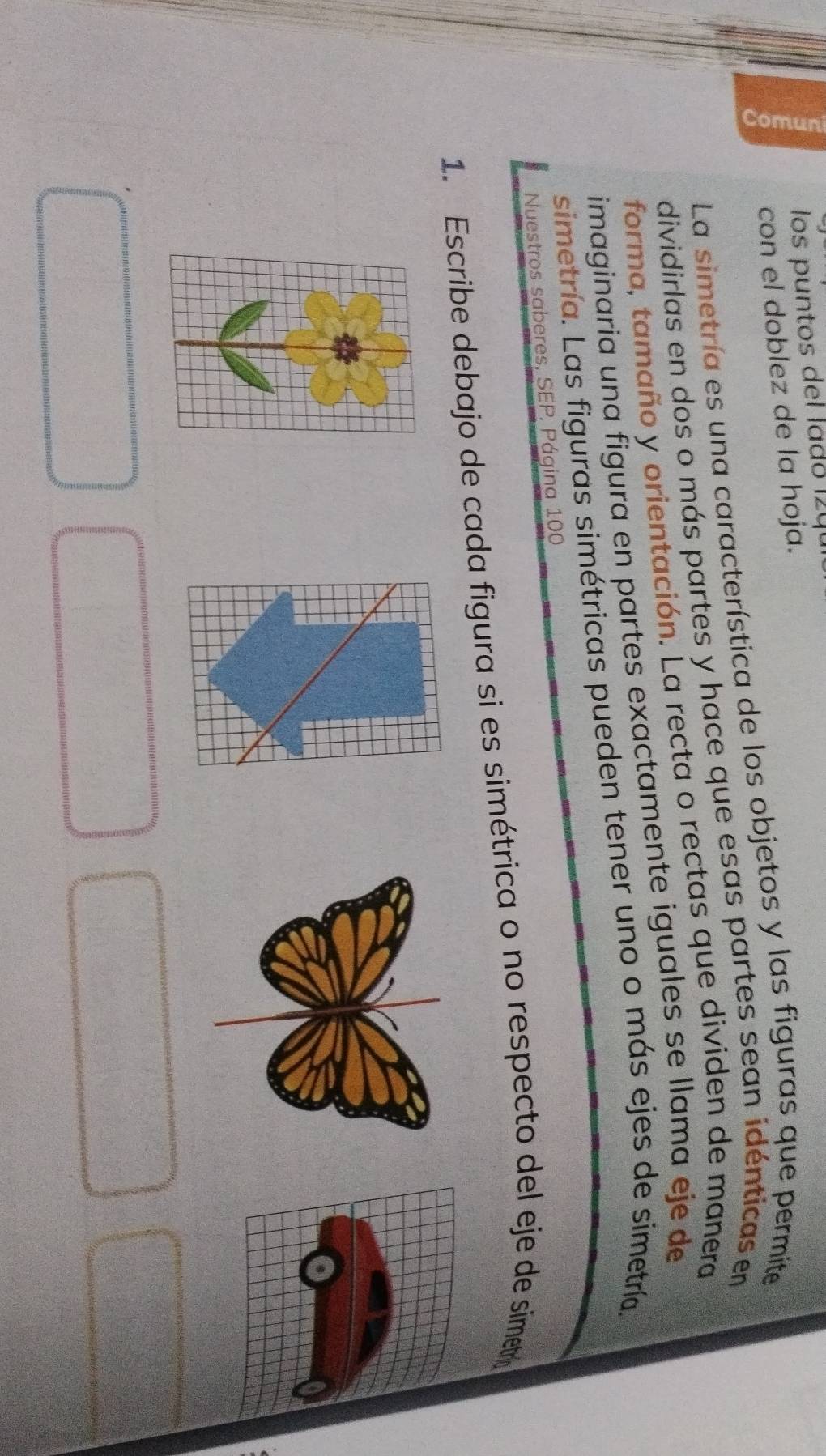 los puntos del lado 0 
con el doblez de la hoja. 
La simetría es una característica de los objetos y las figuras que permite 
dividirlas en dos o más partes y hace que esas partes sean idénticas em 
forma, tamaño y orientación. La recta o rectas que dividen de manera 
imaginaria una figura en partes exactamente iguales se llama eje de 
simetría. Las figuras simétricas pueden tener uno o más ejes de simetría, 
Nuestros saberes, SEP. Página 100
1. Escribe debajo de cada figura si es simétrica o no respecto del eje de simetro