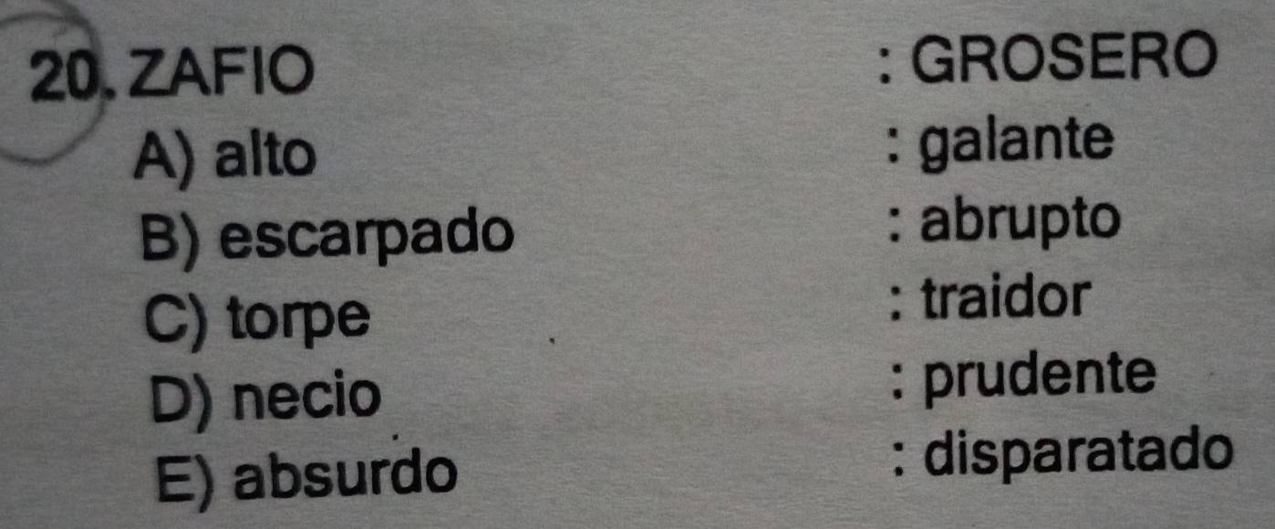 ZAFIO :GROSERO
A) alto : galante
B) escarpado
: abrupto
C) torpe
: traidor
D) necio
: prudente
E) absurdo : disparatado