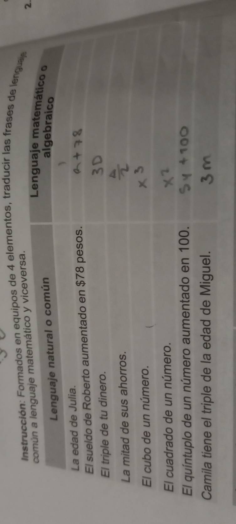 ormados en equipos de 4 elementos, traducir las frases de lengua 
2.