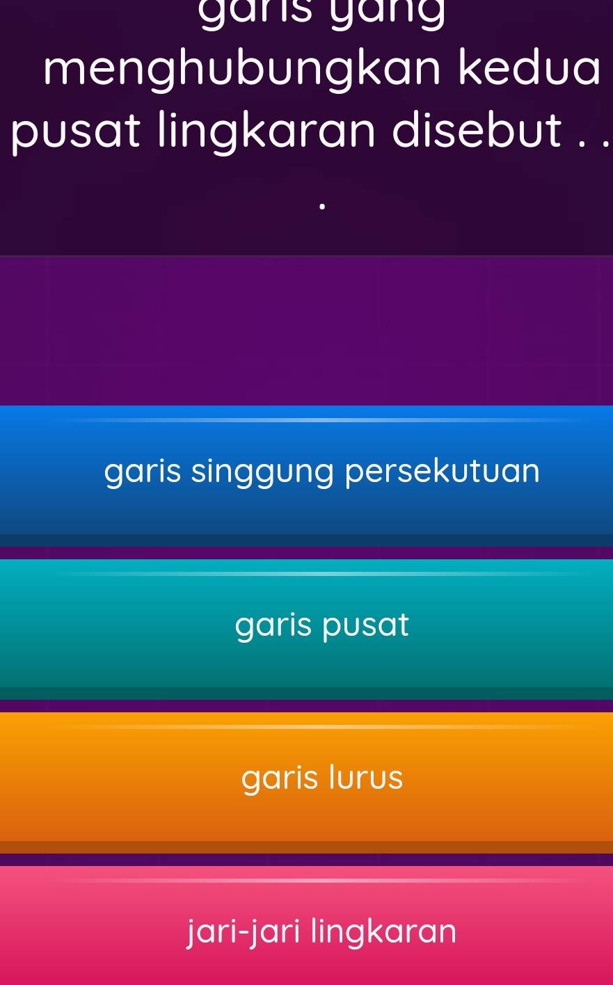 gans yang
menghubungkan kedua
pusat lingkaran disebut . .
garis singgung persekutuan
garis pusat
garis lurus
jari-jari lingkaran